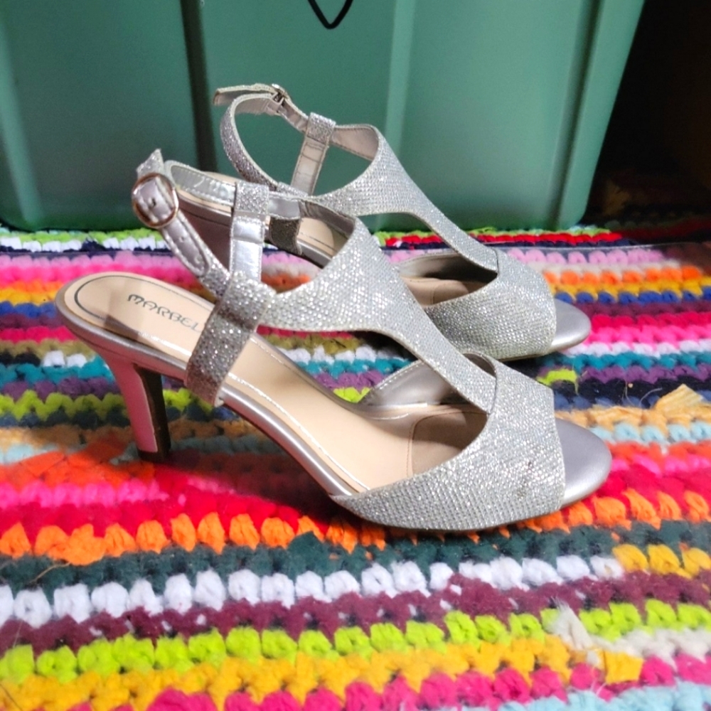 Glitter heels shoes strap 3" heel size 9 silver